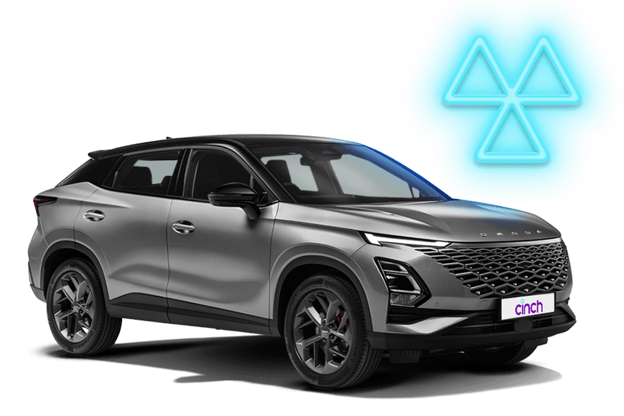 A silver OMODA with a neon blue MOT symbol