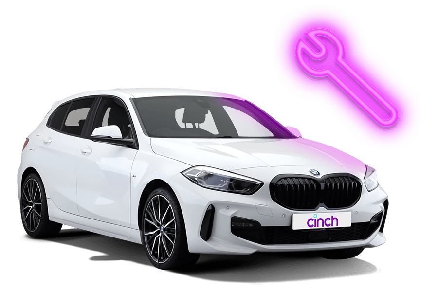 A white BMW with a neon pink spanner
