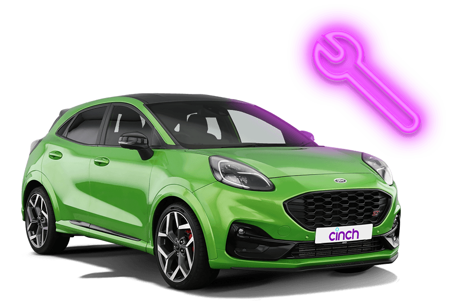 A green Ford with a neon pink spanner