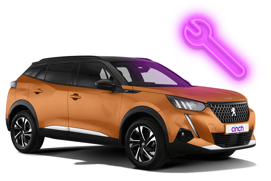 An orange Peugeot with a neon pink spanner
