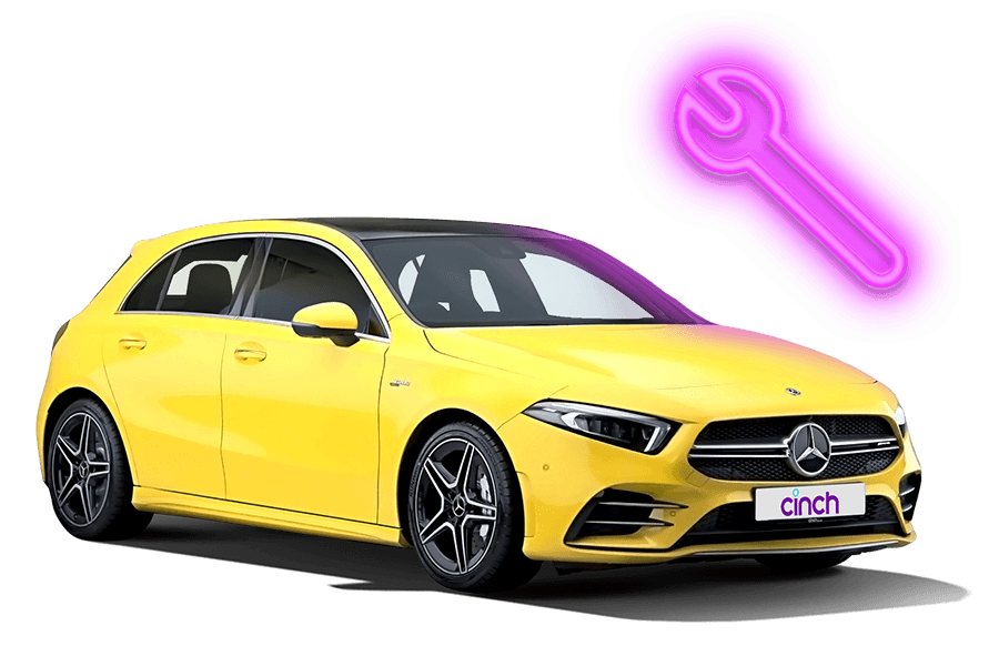 A yellow Mercedes A-Class with a neon pink spanner