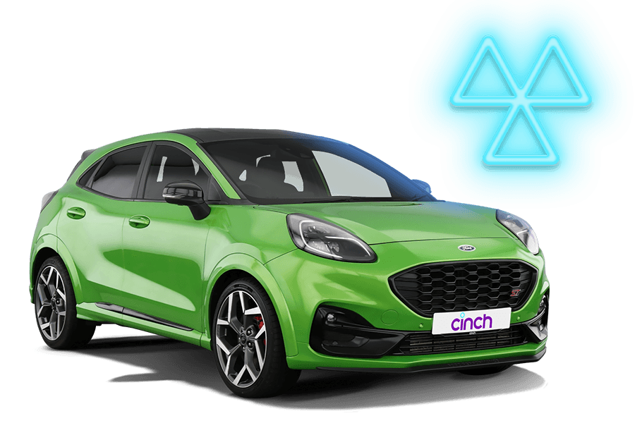 A green ford with a neon blue MOT symbol