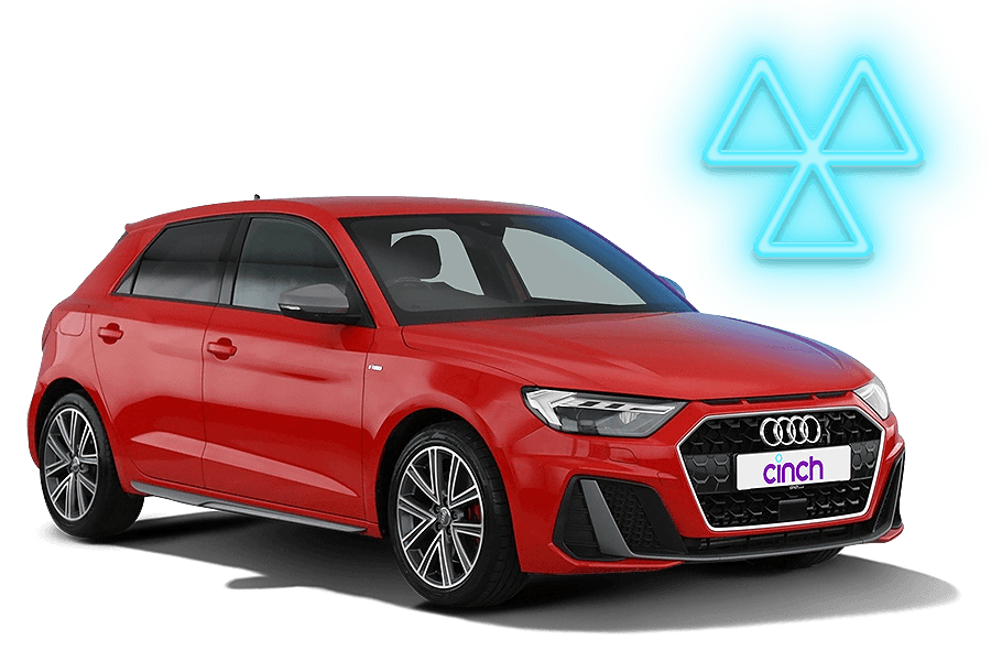 A red Audi with a neon blue MOT logo